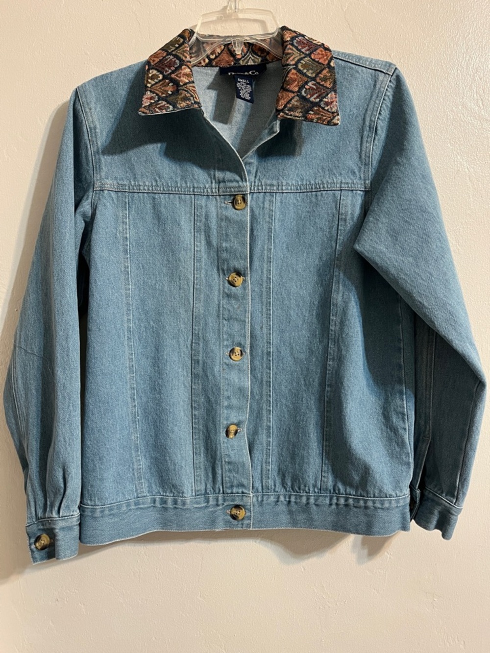 Light Blue Vintage Denim Jacket and Multicolor Jacquard Trim